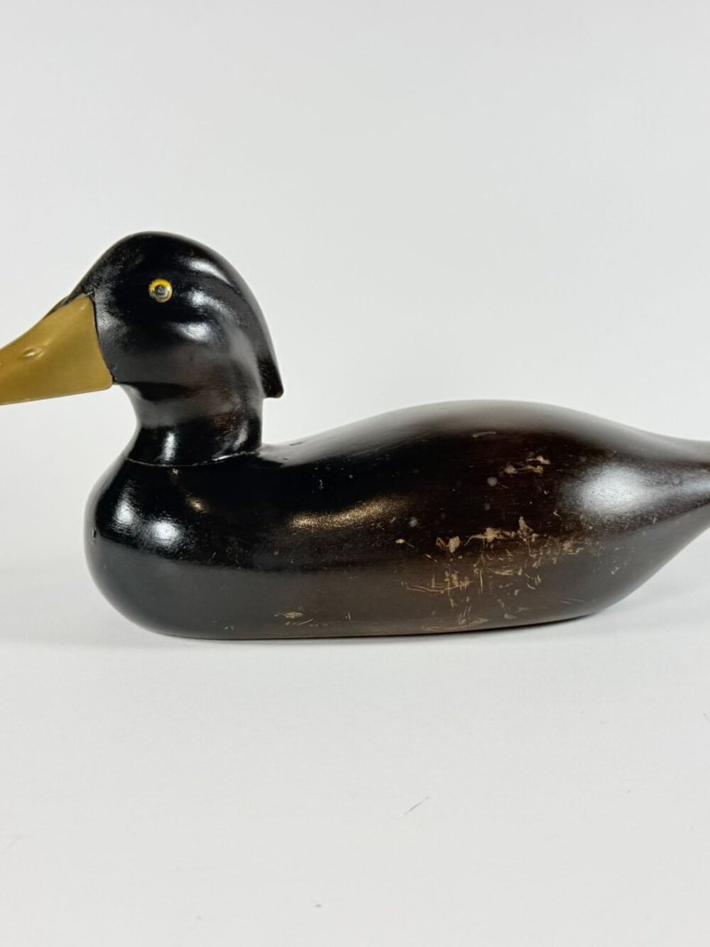 Vintage Carved Wood Decoy Duck w/ Tan Beak 12 in Black Duck Country Decor